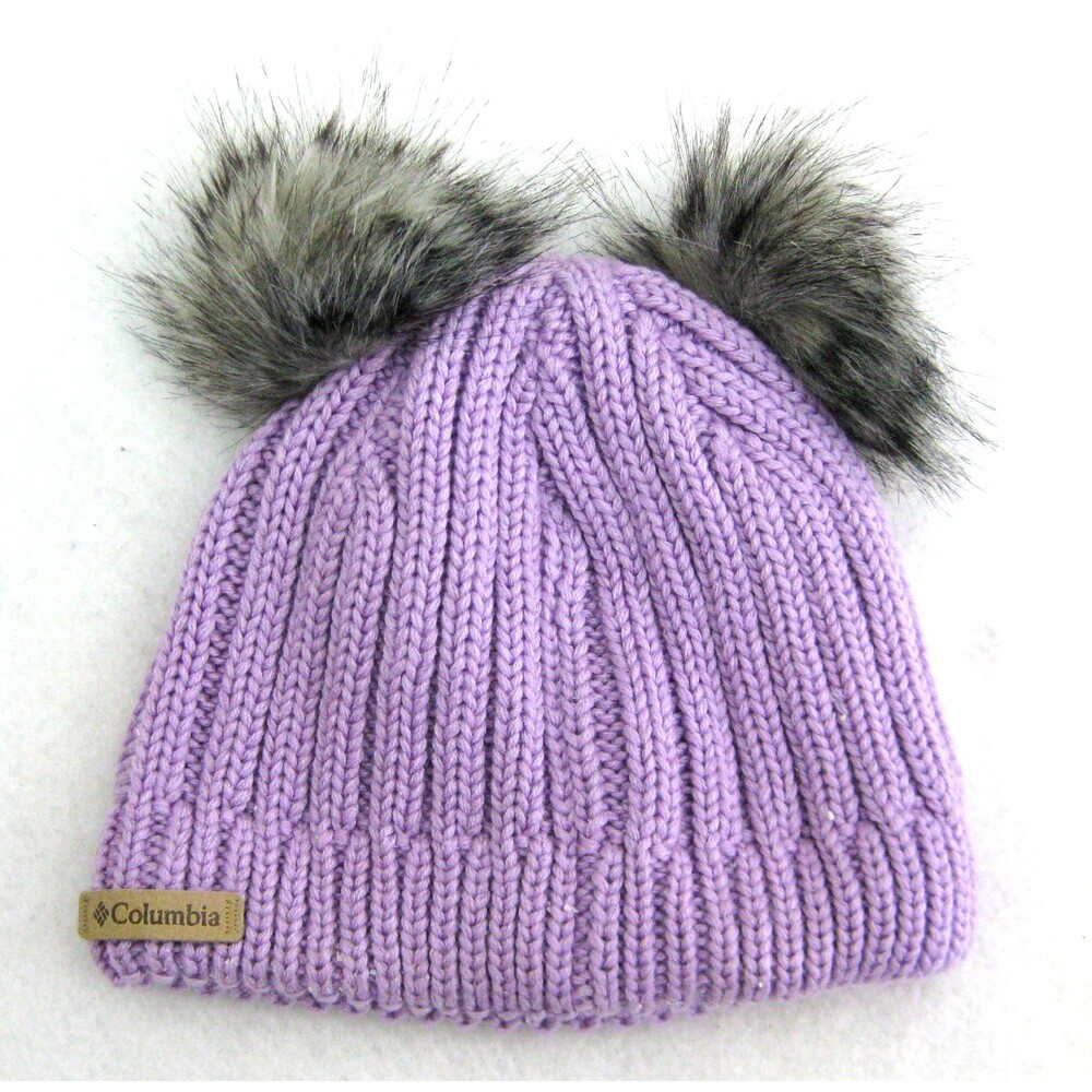 Columbia Beanie Logo Hat Girl's Purple Cable Knit Double Pom Cat Ears Cute